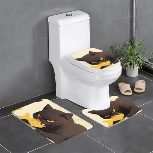 RTCVXZDSA Niedliche Katze, 3-teiliges Badezimmerteppich-Set – weiches Plüsch-Badematten-Set mit U-förmigem WC-Bodenteppich, rutschfest, wasserdicht, Badteppich-Kombination für Zuhause, Kinderzimmer von RTCVXZDSA