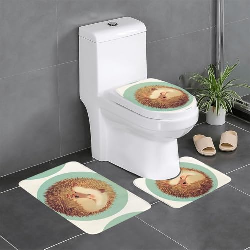 RTCVXZDSA Niedlicher Igel 3-teiliges Badezimmerteppich-Set – weiches Plüsch-Badematten-Set mit U-förmigem WC-Bodenteppich, rutschfest, wasserdicht, Badteppich-Kombination für Zuhause, Kinderzimmer von RTCVXZDSA
