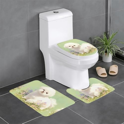 RTCVXZDSA Niedlicher kleiner Hund 3-teiliges Badezimmerteppich-Set – weiches Plüsch-Badematten-Set mit U-förmigem WC-Bodenteppich, rutschfest, wasserdicht, Badteppich, Kombination für Zuhause von RTCVXZDSA