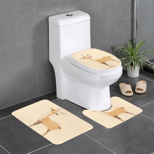 RTCVXZDSA Niedliches 3-teiliges Badezimmerteppich-Set mit Hirsch, weiches Plüsch-Badematten-Set mit U-förmigem WC-Bodenteppich, rutschfest, wasserdicht, Badteppich-Kombination für Zuhause von RTCVXZDSA