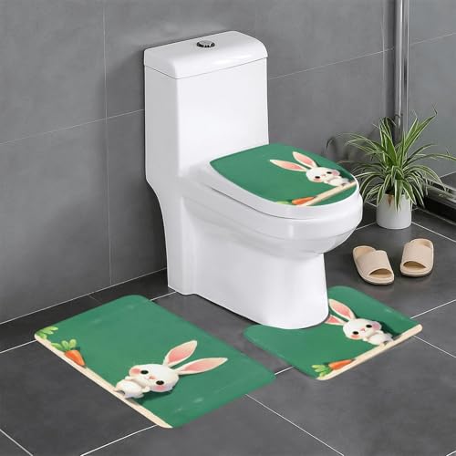 RTCVXZDSA Niedliches Kaninchen-Badezimmerteppich-Set, weiches Plüsch-Badematten-Set mit U-förmigem WC-Bodenteppich, rutschfest, wasserdicht, Badteppich-Kombination für Zuhause, Kinderzimmer, Gästebad von RTCVXZDSA