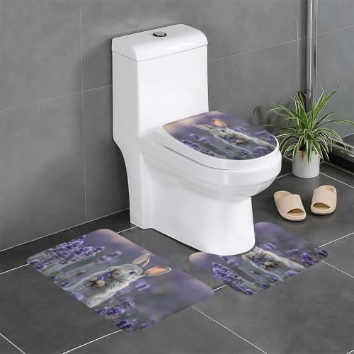 RTCVXZDSA Niedliches Kaninchen-Badezimmerteppich-Set, weiches Plüsch-Badematten-Set mit U-förmigem WC-Bodenteppich, rutschfest, wasserdicht, Badteppich-Kombination für Zuhause, Kinderzimmer, Gästebad von RTCVXZDSA