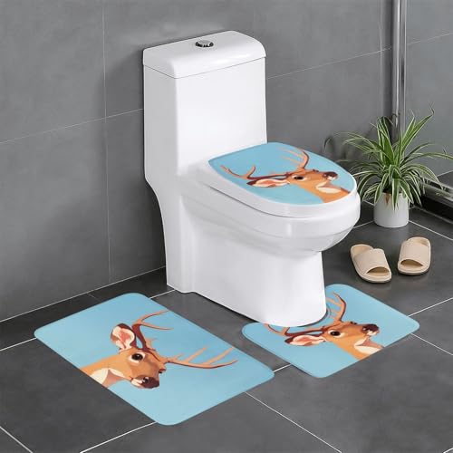 RTCVXZDSA Niedliches kleines Hirsch 3-teiliges Badezimmerteppich-Set – weiches Plüsch-Badematten-Set mit U-förmigem WC-Bodenteppich, rutschfest, wasserdicht, Badteppich-Kombination für Zuhause von RTCVXZDSA