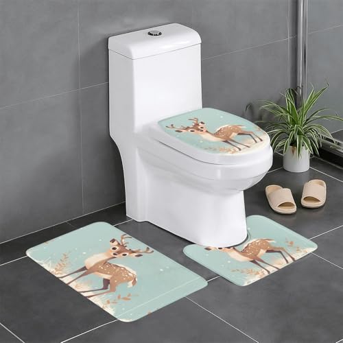 RTCVXZDSA Niedliches kleines Hirsch 3-teiliges Badezimmerteppich-Set – weiches Plüsch-Badematten-Set mit U-förmigem WC-Bodenteppich, rutschfest, wasserdicht, Badteppich-Kombination für Zuhause von RTCVXZDSA