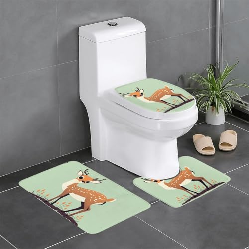 RTCVXZDSA Niedliches kleines Hirsch 3-teiliges Badezimmerteppich-Set – weiches Plüsch-Badematten-Set mit U-förmigem WC-Bodenteppich, rutschfest, wasserdicht, Badteppich-Kombination für Zuhause von RTCVXZDSA
