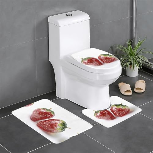 RTCVXZDSA Red Strawberries 3-teiliges Badezimmerteppich-Set – weiches Plüsch-Badematten-Set mit U-förmigem WC-Bodenteppich, rutschfest, wasserdicht, Badteppich-Kombination für Zuhause, Kinderzimmer von RTCVXZDSA