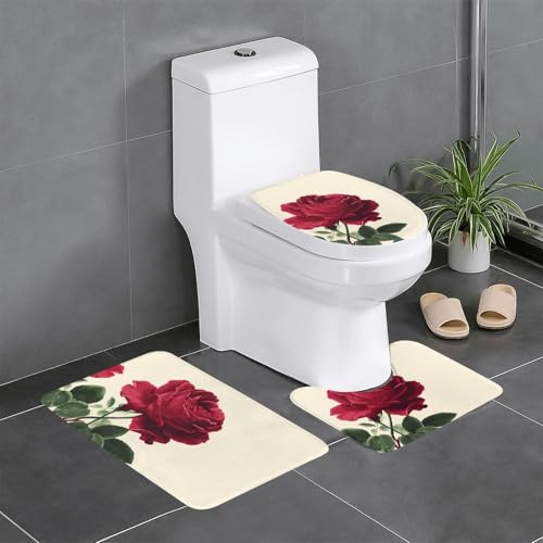 RTCVXZDSA Rose 3-teiliges Badezimmerteppich-Set – weiches Plüsch-Badematten-Set mit U-förmigem WC-Bodenteppich, rutschfest, wasserdicht, Badteppich-Kombination für Zuhause, Kinderzimmer, Gästebad von RTCVXZDSA