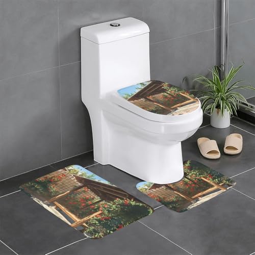 RTCVXZDSA Roses In The Yard 3-teiliges Badezimmerteppich-Set – weiches Plüsch-Badematten-Set mit U-förmigem WC-Bodenteppich, rutschfest, wasserdicht, Badteppich-Kombination für Zuhause, Kinderzimmer von RTCVXZDSA