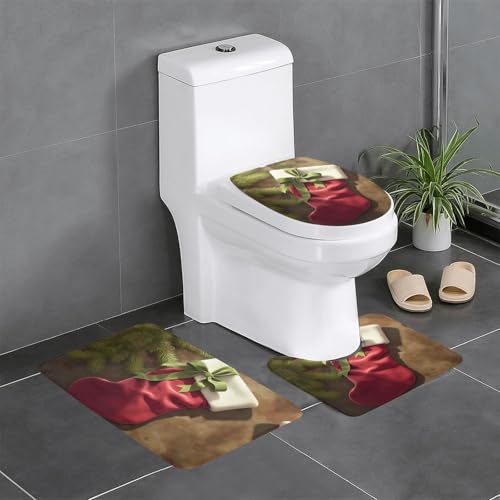 RTCVXZDSA Rote Weihnachtssocken 3-teiliges Badezimmerteppich-Set – weiches Plüsch-Badematten-Set mit U-förmigem WC-Bodenteppich, rutschfest, wasserdicht, Badteppich-Kombination für Zuhause von RTCVXZDSA