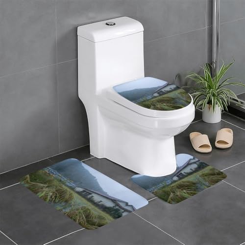 RTCVXZDSA Rural Scenery 3-teiliges Badezimmerteppich-Set – weiches Plüsch-Badematten-Set mit U-förmigem WC-Bodenteppich, rutschfest, wasserdicht, Badteppich-Kombination für Zuhause, Kinderzimmer von RTCVXZDSA