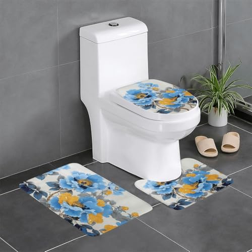 RTCVXZDSA Schöne Blumen 3-teiliges Badezimmerteppich-Set – weiches Plüsch-Badematten-Set mit U-förmigem WC-Bodenteppich, rutschfest, wasserdicht, Badteppich-Kombination für Zuhause, Kinderzimmer von RTCVXZDSA