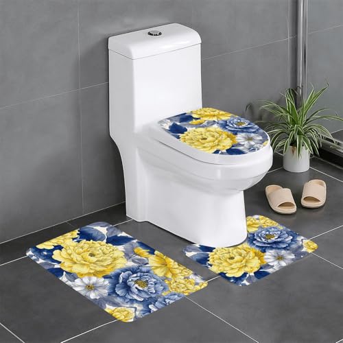 RTCVXZDSA Schöne Blumen 3-teiliges Badezimmerteppich-Set – weiches Plüsch-Badematten-Set mit U-förmigem WC-Bodenteppich, rutschfest, wasserdicht, Badteppich-Kombination für Zuhause, Kinderzimmer von RTCVXZDSA