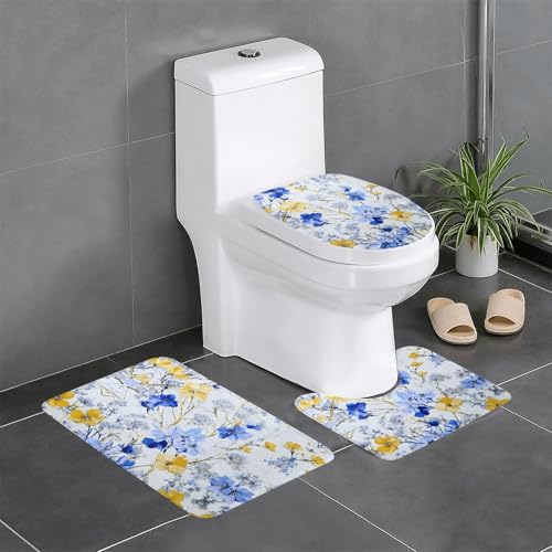 RTCVXZDSA Schöne Blumen 3-teiliges Badezimmerteppich-Set – weiches Plüsch-Badematten-Set mit U-förmigem WC-Bodenteppich, rutschfest, wasserdicht, Badteppich-Kombination für Zuhause, Kinderzimmer von RTCVXZDSA