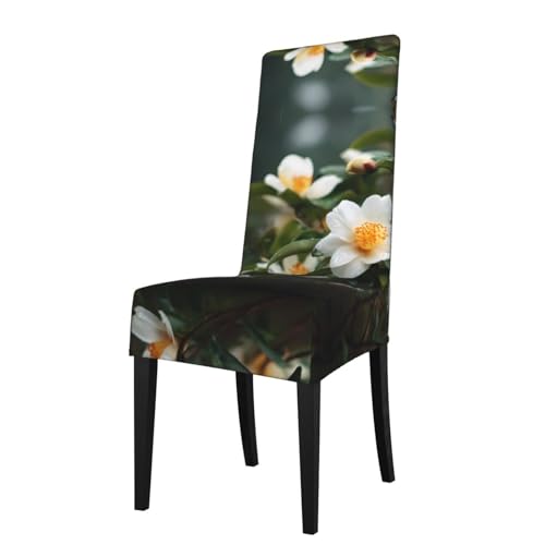 RTCVXZDSA Schöner Schutz für Esszimmerstühle mit Kamelienblumen, dehnbares Allover-Druck-Design, passend für die meisten armlosen Stühle (Höhe der Rückenlehne: 45,7–55,9 cm) von RTCVXZDSA