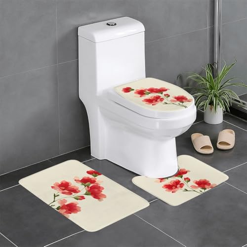 RTCVXZDSA Schönes 3-teiliges Badezimmerteppich-Set mit roten Blumen – weiches Plüsch-Badematten-Set mit U-förmigem WC-Bodenteppich, rutschfest, wasserdicht, Badteppich-Kombination für Zuhause von RTCVXZDSA