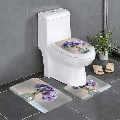 RTCVXZDSA Schönes Blumen-3-teiliges Badezimmerteppich-Set – weiches Plüsch-Badematten-Set mit U-förmigem WC-Bodenteppich, rutschfest, wasserdicht, Badteppich-Kombination für Zuhause, Kinderzimmer von RTCVXZDSA