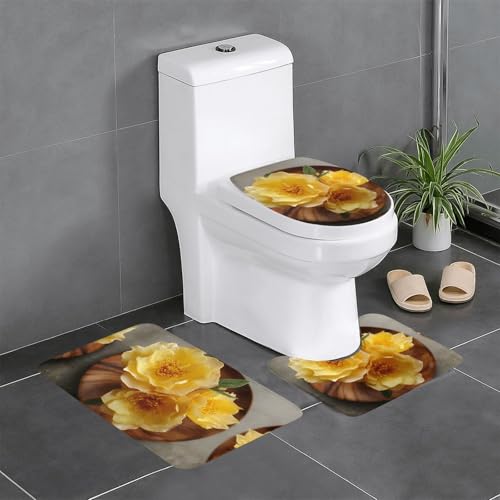 RTCVXZDSA Schönes Blumen-3-teiliges Badezimmerteppich-Set – weiches Plüsch-Badematten-Set mit U-förmigem WC-Bodenteppich, rutschfest, wasserdicht, Badteppich-Kombination für Zuhause, Kinderzimmer von RTCVXZDSA