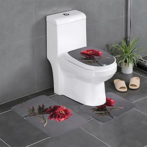 RTCVXZDSA Schönes Blumen-3-teiliges Badezimmerteppich-Set – weiches Plüsch-Badematten-Set mit U-förmigem WC-Bodenteppich, rutschfest, wasserdicht, Badteppich-Kombination für Zuhause, Kinderzimmer von RTCVXZDSA
