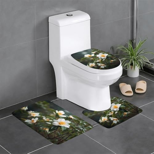 RTCVXZDSA Schönes Kamelien-Blumen-Badematten-Set, 3-teilig, weiches Plüsch-Badematten-Set mit U-förmigem WC-Bodenteppich, rutschfest, wasserdicht, Badteppich, Kombination für Zuhause, Kinderzimmer von RTCVXZDSA