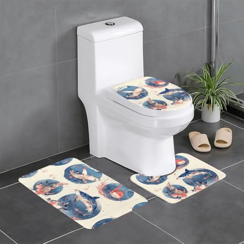RTCVXZDSA Shark 3-teiliges Badezimmerteppich-Set – weiches Plüsch-Badematten-Set mit U-förmigem WC-Bodenteppich, rutschfest, wasserdicht, Badteppich-Kombination für Zuhause, Kinderzimmer, Gästebad von RTCVXZDSA