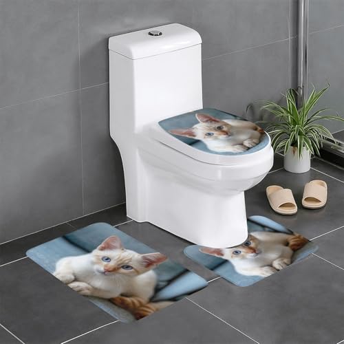 RTCVXZDSA The Cat On The Sofa 3-teiliges Badezimmerteppich-Set – weiches Plüsch-Badematten-Set mit U-förmigem WC-Bodenteppich, rutschfest, wasserdicht, Badteppich-Kombination für Zuhause, Kinderzimmer von RTCVXZDSA