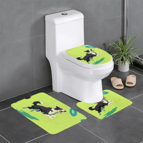 RTCVXZDSA The Dog That Picks Up Frisbees 3-teiliges Badezimmerteppich-Set – weiches Plüsch-Badematten-Set mit U-förmigem WC-Bodenteppich, rutschfest, wasserdicht, Badteppich-Kombination für Zuhause von RTCVXZDSA