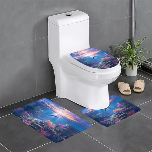 RTCVXZDSA The Underwater World 3-teiliges Badezimmerteppich-Set – weiches Plüsch-Badematten-Set mit U-förmigem WC-Bodenteppich, rutschfest, wasserdicht, Badteppich-Kombination für Zuhause von RTCVXZDSA