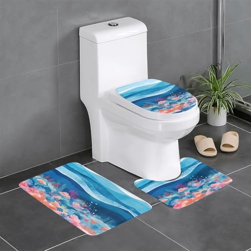 RTCVXZDSA The Underwater World 3-teiliges Badezimmerteppich-Set – weiches Plüsch-Badematten-Set mit U-förmigem WC-Bodenteppich, rutschfest, wasserdicht, Badteppich-Kombination für Zuhause von RTCVXZDSA
