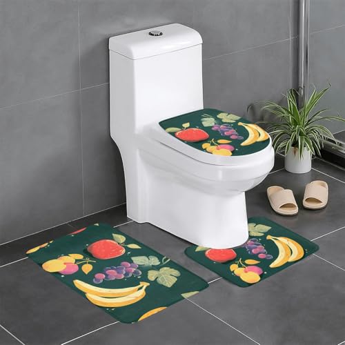 RTCVXZDSA Trauben, Bananen, Äpfel, 3-teiliges Badezimmerteppich-Set – weiches Plüsch-Badematten-Set mit U-förmigem WC-Bodenteppich, rutschfest, wasserdicht, Badteppich-Kombination für Zuhause von RTCVXZDSA