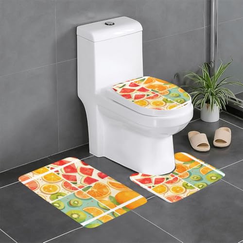 RTCVXZDSA Vibrant Fruits 3-teiliges Badezimmerteppich-Set – weiches Plüsch-Badematten-Set mit U-förmigem WC-Bodenteppich, rutschfest, wasserdicht, Badteppich-Kombination für Zuhause, Kinderzimmer von RTCVXZDSA