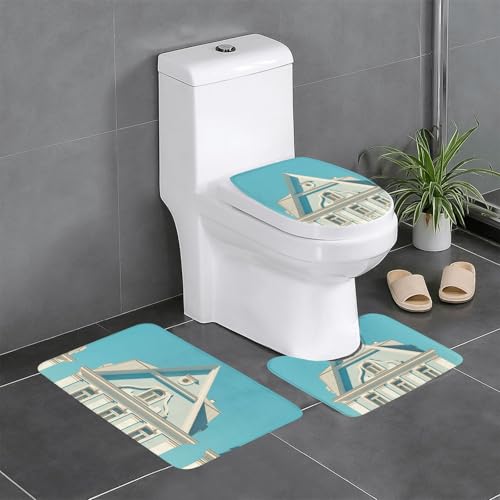 RTCVXZDSA White Buildings 3-teiliges Badezimmerteppich-Set – weiches Plüsch-Badematten-Set mit U-förmigem WC-Bodenteppich, rutschfest, wasserdicht, Badteppich-Kombination für Zuhause, Kinderzimmer von RTCVXZDSA