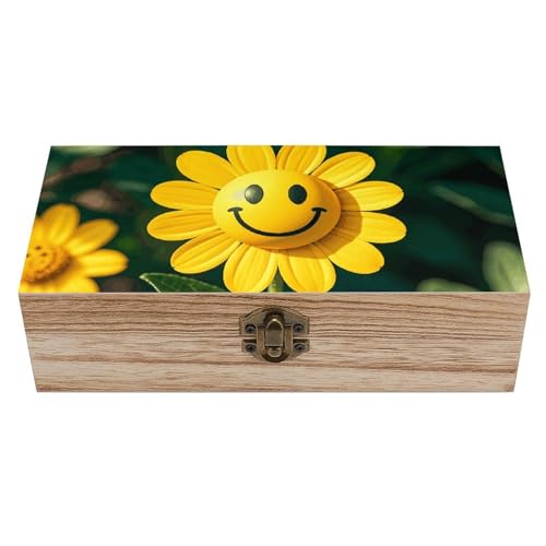 RTFGHJS Aufbewahrungsbox aus Holz, gelbe Smiley-Blume, Retro-Dekor-Box, Andenken-Box mit Scharnierschloss, Schmuck-Aufbewahrungsbehälter, Holz-Geschenkbox für Kunst, Hobbys, Zuhause von RTFGHJS