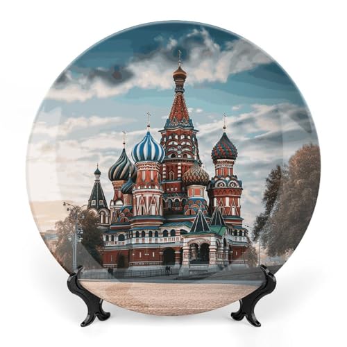 RTFGHJS Dekorativer Keramikteller aus Knochenporzellan, dekorativer Teller, personalisierbar, St. Basilikum-Kathedrale, rotes Quadrat in Moskau, Keramik-Kollektionen, Teller mit Präsentationsständer, von RTFGHJS