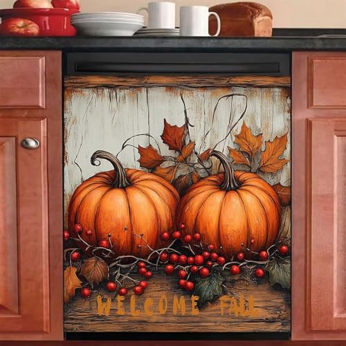 RTHDG Dekorativer Aufkleber für die Küche, Motiv: Herbstkürbisse, Aufschrift "Welcome Fall", Kühlschranktürabdeckung, rote Beeren, Haushaltsgerät, 58,4 x 66 cm (magnetisch) von RTHDG