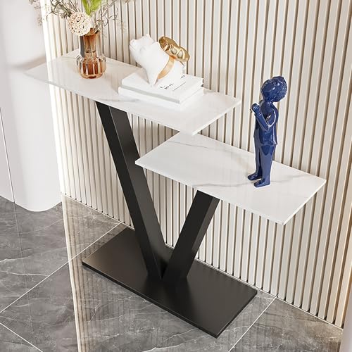 RTREADE Moderner Konsolentisch, Eingangstisch aus Metallrahmen, Geometrischer Eingangstisch, Sofatisch für Wohnzimmer, Flur, Schlafzimmer, Einfache Montage(White,100cm/39.5in) von RTREADE