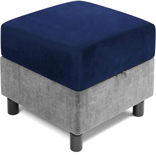 RTSFKFS Hockerbezug Quadratisch 35×35 40×40 45×45 50×50 cm, Stretch Samt Ottomane Schonbezug Für Fußhocker Mit Elastischer Unterseite(Navy,40x40 cm) von RTSFKFS
