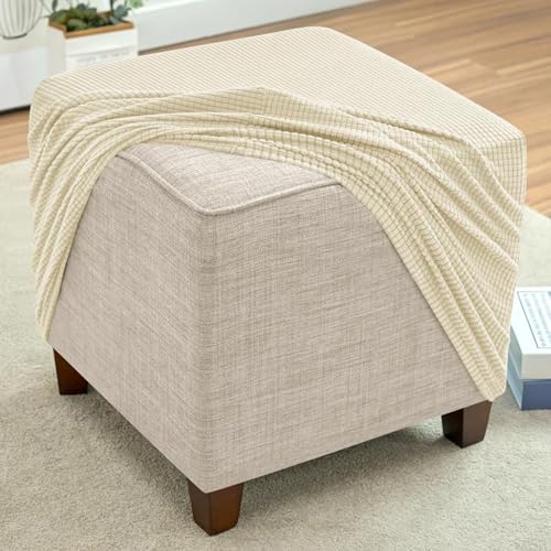 RTSFKFS Hockerbezug Quadratisch 40×40 45×45 50×50 55×55 60×60 80×80 cm, Elastische Hülle für Fußhocker, Sitzhocker, Sofa und Fußbank(Beige,54x54cm) von RTSFKFS