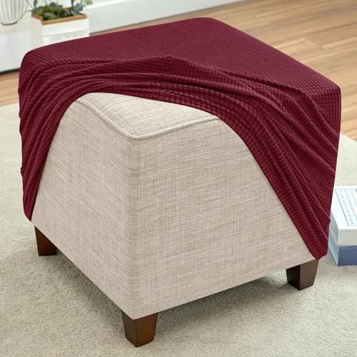 RTSFKFS Hockerbezug Quadratisch 40×40 45×45 50×50 55×55 60×60 80×80 cm, Elastische Hülle für Fußhocker, Sitzhocker, Sofa und Fußbank(Burgund,57x57cm) von RTSFKFS