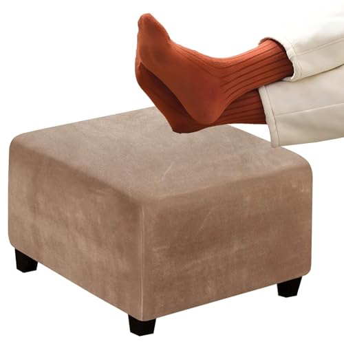RTSFKFS Quadratisch Samt Ottoman-Bezüge, Stretch-FußHocker-Bezug, Schutz für Fußstütze, Bequemer Samt mit Elastischer Unterseite Waschbar(Camel,24in/60x60cm) von RTSFKFS