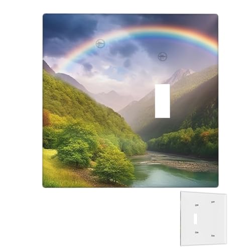 Dekorator-Wandplatte, 2-Gang-Lichtschalter-Abdeckungen, Duplex-Steckdosenabdeckungen, Bergtal mit Regenbogen-Wandplatten für Steckdosen, Steckerabdeckung, Standardgröße, Doppel-Wippschalterplatten von RTSTNMBD