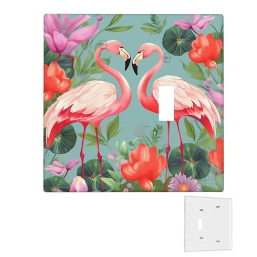 Dekorator-Wandplatte, 2-Gang-Lichtschalter-Abdeckungen, Duplex-Steckdosenabdeckungen, Flamingo-Liebesblumen, Wandplatten für Steckdosen, Steckerabdeckung, mittlere Größe, Doppel-Wippschalterplatten von RTSTNMBD