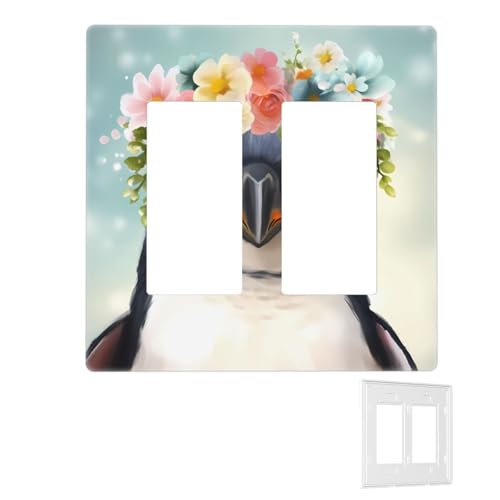 Dekorator-Wandplatte, 2-Gang-Lichtschalter-Abdeckungen, Duplex-Steckdosenabdeckungen, Pinguin mit Blumen, Wandplatten für Steckdosen, Steckerabdeckung, Standardgröße, Doppel-Wippschalterplatten von RTSTNMBD