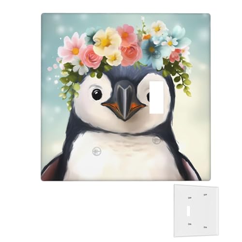 Dekorator-Wandplatte, 2-Gang-Lichtschalter-Abdeckungen, Duplex-Steckdosenabdeckungen, Pinguin mit Blumen, Wandplatten für Steckdosen, Steckerabdeckung, Standardgröße, Doppel-Wippschalterplatten von RTSTNMBD