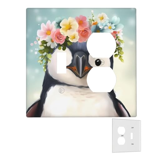 Dekorator-Wandplatte, 2-Gang-Lichtschalter-Abdeckungen, Duplex-Steckdosenabdeckungen, Pinguin mit Blumen, Wandplatten für Steckdosen, Steckerabdeckung, mittlere Größe, Doppel-Wippschalterplatten von RTSTNMBD