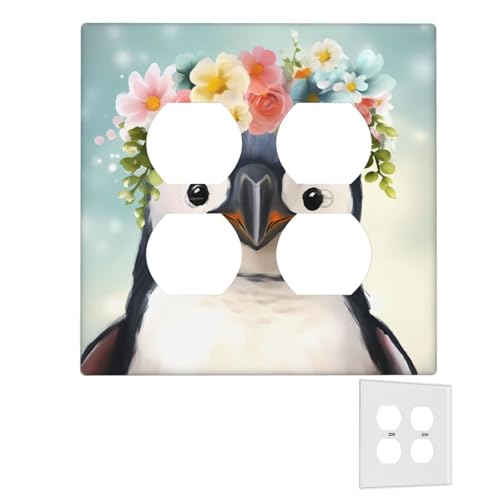 Dekorator-Wandplatte, 2-Gang-Lichtschalter-Abdeckungen, Duplex-Steckdosenabdeckungen, Pinguin mit Blumen, Wandplatten für Steckdosen, Steckerabdeckung, mittlere Größe, Doppel-Wippschalterplatten von RTSTNMBD