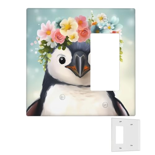 Dekorator-Wandplatte, 2-Gang-Lichtschalter-Abdeckungen, Duplex-Steckdosenabdeckungen, Pinguin mit Blumen, Wandplatten für Steckdosen, Steckerabdeckung, mittlere Größe, Doppel-Wippschalterplatten von RTSTNMBD