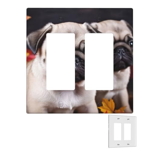 Dekorator-Wandplatte, 2-Gang-Lichtschalter-Abdeckungen, Duplex-Steckdosenabdeckungen, Welpen, Mops, Wandplatten für Steckdosen, Steckerabdeckung, mittlere Größe, Doppel-Wippschalterplatten von RTSTNMBD