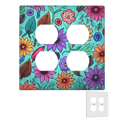 Dekorator-Wandplatte, 2-Gang-Lichtschalter-Abdeckungen, Duplex-Steckdosenabdeckungen, farbige Kritzelei-Blumen, Wandplatten für Steckdosen, Steckerabdeckung, Standardgröße, Doppel-Wippschalterplatten von RTSTNMBD