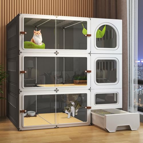 RTTZBOZ Großer Katzenkäfig mit 3 Ebenen, Katzenkäfige für Den Innenbereich mit Katzentoilette, DIY-Haustierheim, Kleintierhaus, für 1–4 Katzen(Gray) von RTTZBOZ