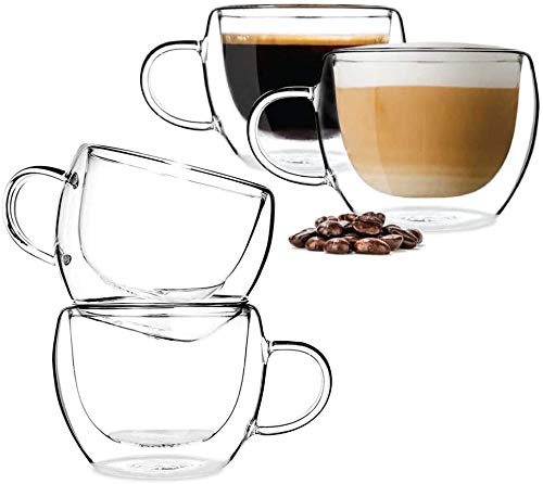 RTWAY Doppelwandige Isolierte Gläser Espresso Tassen 4er Set (6oz 150ml) Teetassen mit Henkel, Transparente Kaffeetassen, Latte Tassen, Teegläser, Latte Becher von RTWAY